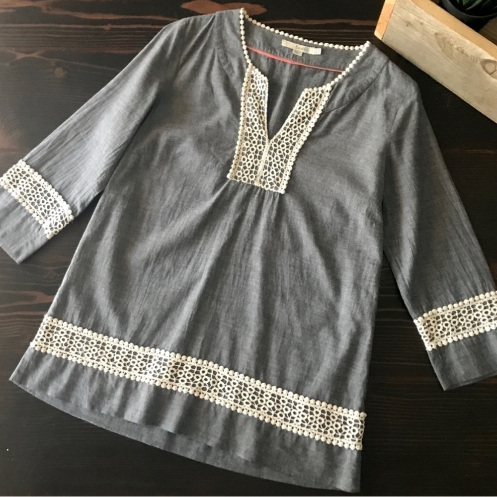 Boden | Boden Tunic | Boho Top | Embroidered Light Denim Blue/White Size 12